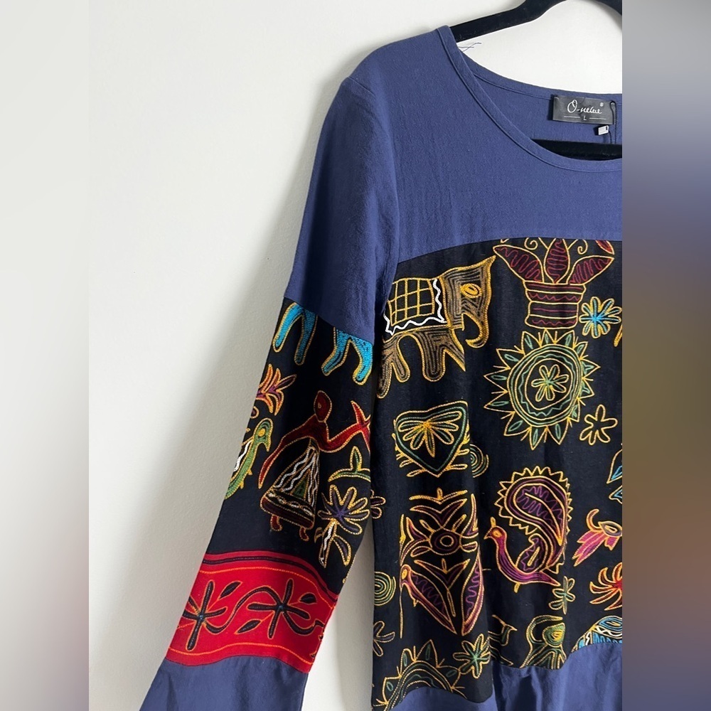 NEW Oneine New Elegance Blue Egyptian Print‎ Artsy Boho 100% Cotton Blouse Top L - Picture 5 of 9